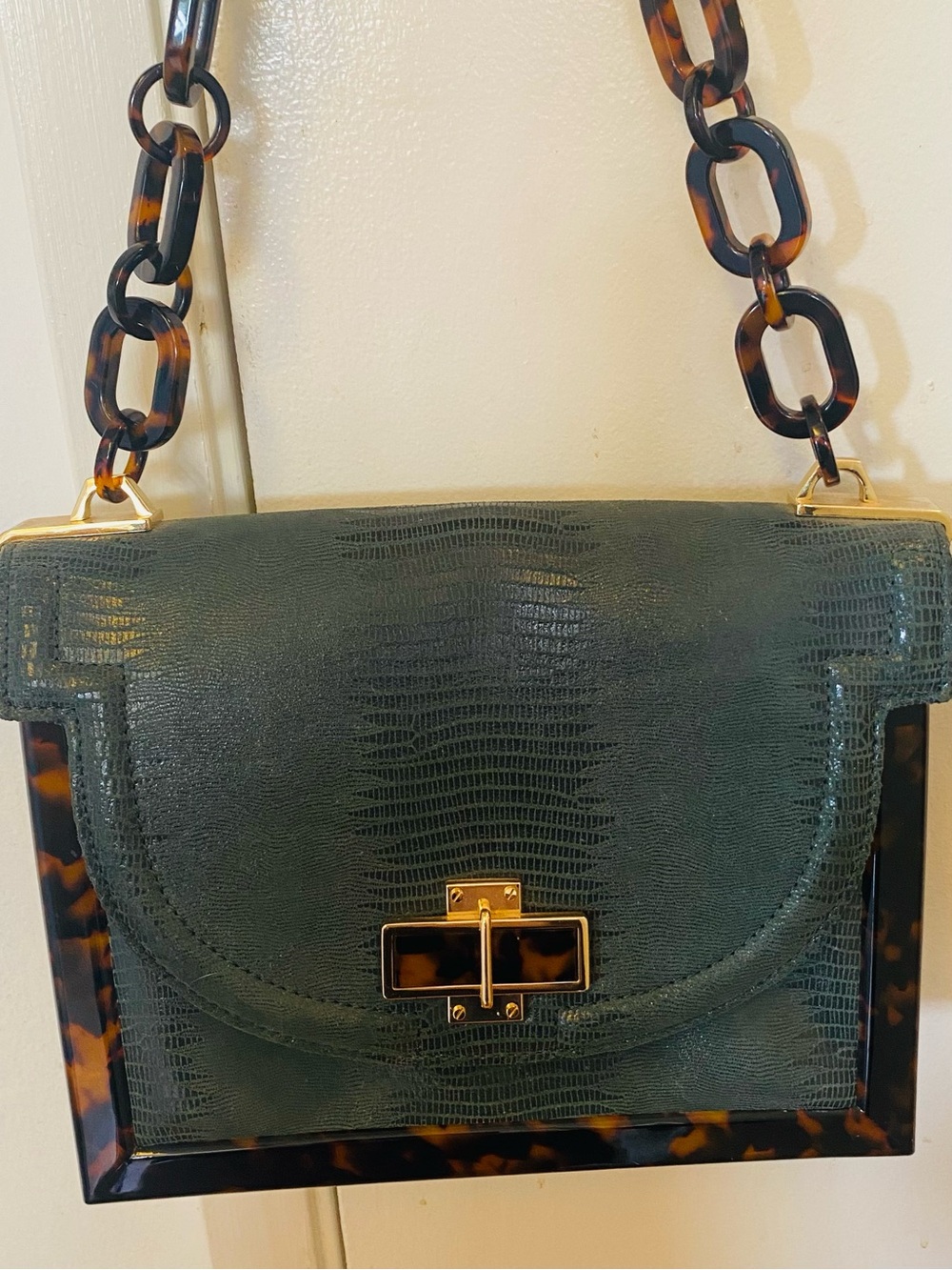 Tory Burch Green Lizard-Embossed Shoulder Bag with Tortoiseshell Chain